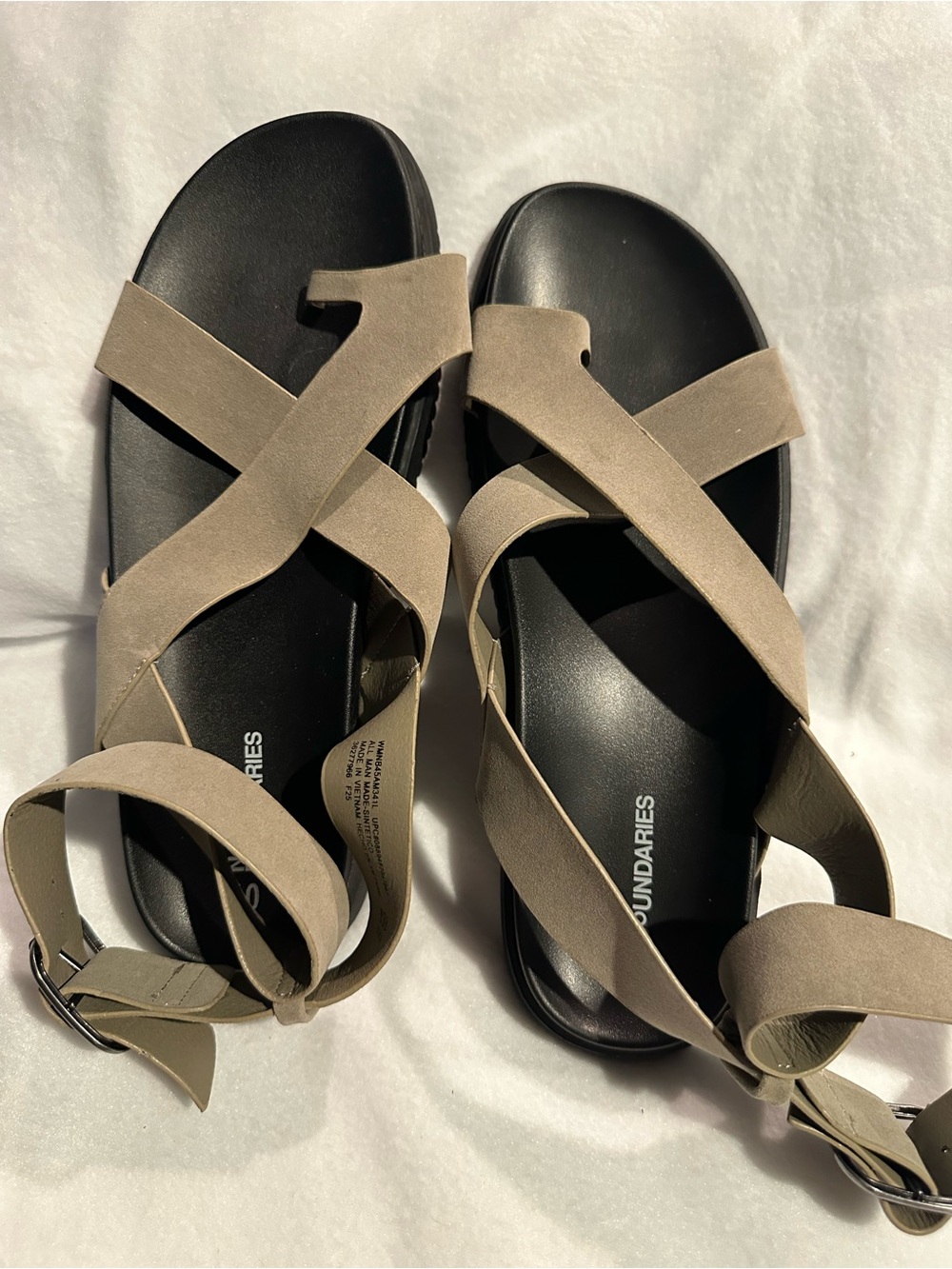 No Boundaries Taupe and Black Cross-Strap Sandals